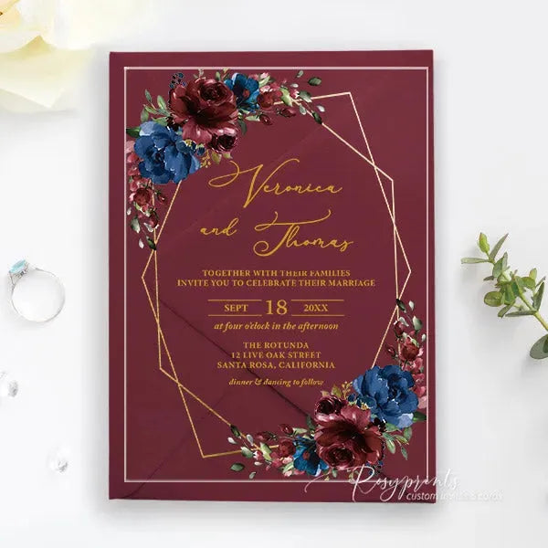 navy burgundy floral acrylic wedding invitations ROSYA32 - Rosy Prints