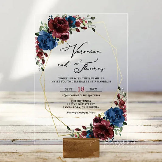 navy burgundy floral acrylic wedding invitations ROSYA32 - Rosy Prints