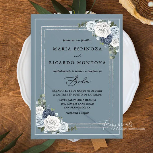 dusty blue and navy blue acrylic wedding invitations ROSYA78