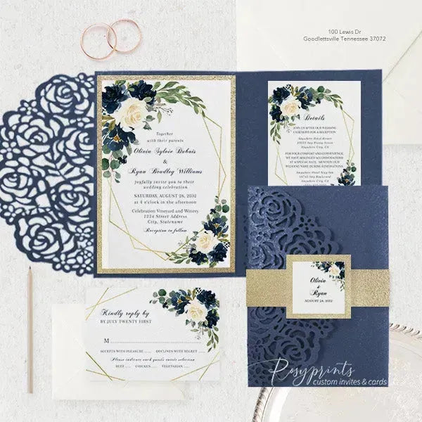 navy blue and gold floral wedding invitations ROSYP08 - Rosy Prints