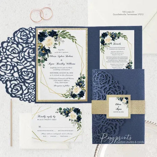 navy blue and gold floral wedding invitations ROSYP08