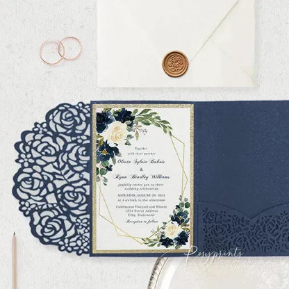 navy blue and gold floral wedding invitations ROSYP08 - Rosy Prints