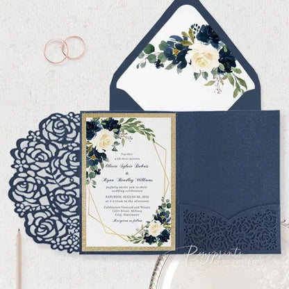 navy blue and gold floral wedding invitations ROSYP08 - Rosy Prints