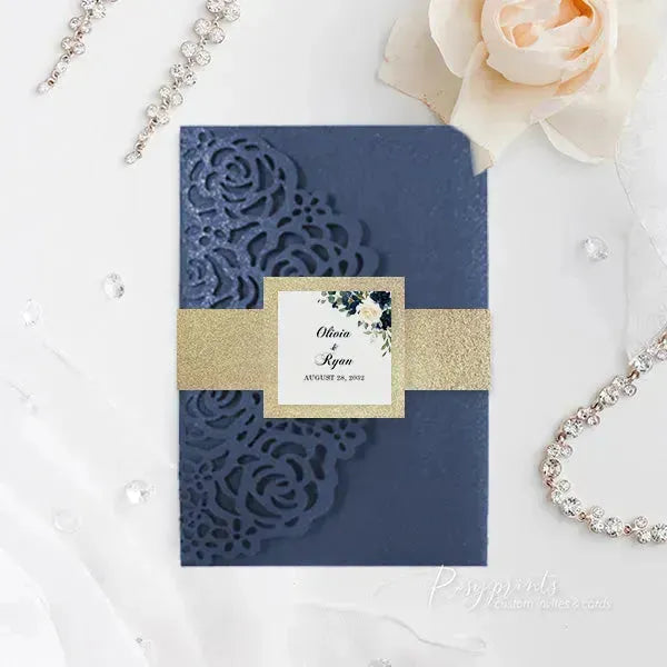 navy blue and gold floral wedding invitations ROSYP08 - Rosy Prints