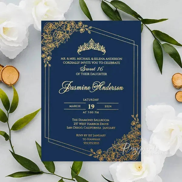 navy blue and gold foil quinceanera invitations ROSYF08