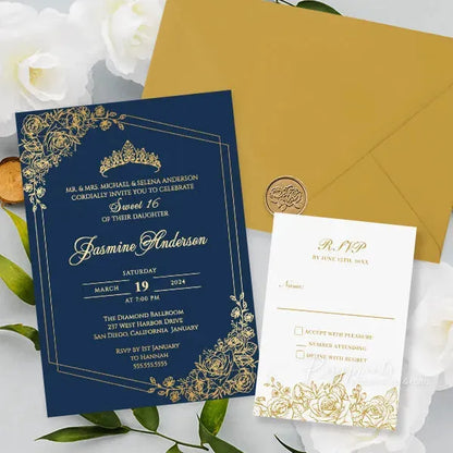 navy blue and gold foil quinceanera invitations ROSYF08