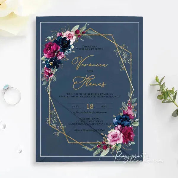 hot pink and blue floral acrylic wedding invitations ROSYA31 - Rosy Prints