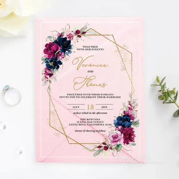 hot pink and blue floral acrylic wedding invitations ROSYA31 - Rosy Prints