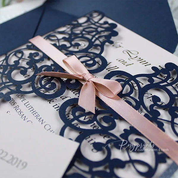 navy blue wedding invitations with rose pink bow ROSG20 - Rosy Prints