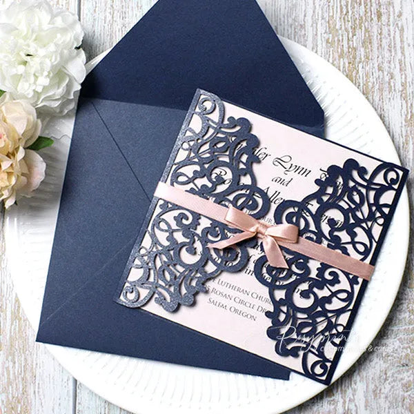 navy blue wedding invitations with rose pink bow ROSG20 - Rosy Prints