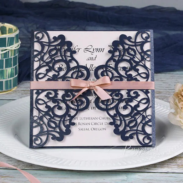 navy blue wedding invitations with rose pink bow ROSG20 - Rosy Prints