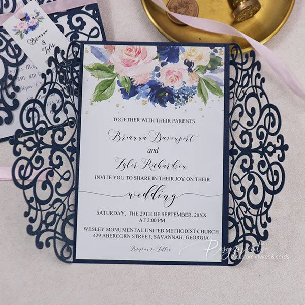 rustic navy blue and blush pink flowers wedding invitations