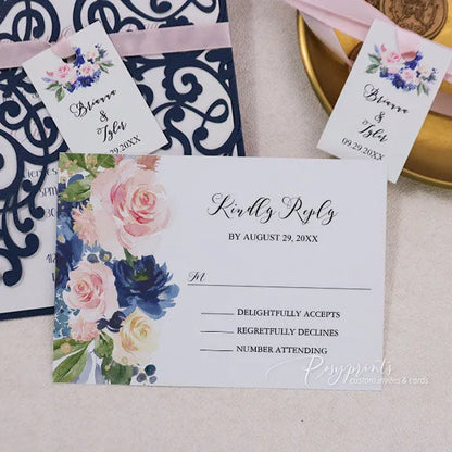 rustic navy blue and blush pink flowers wedding invitations