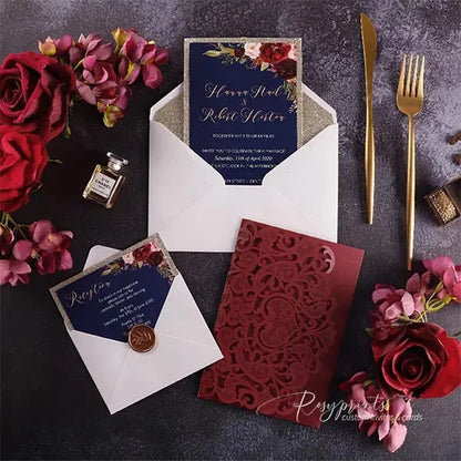 navy blue and burgundy pocket wedding invitations ROSYP01 - Rosy Prints