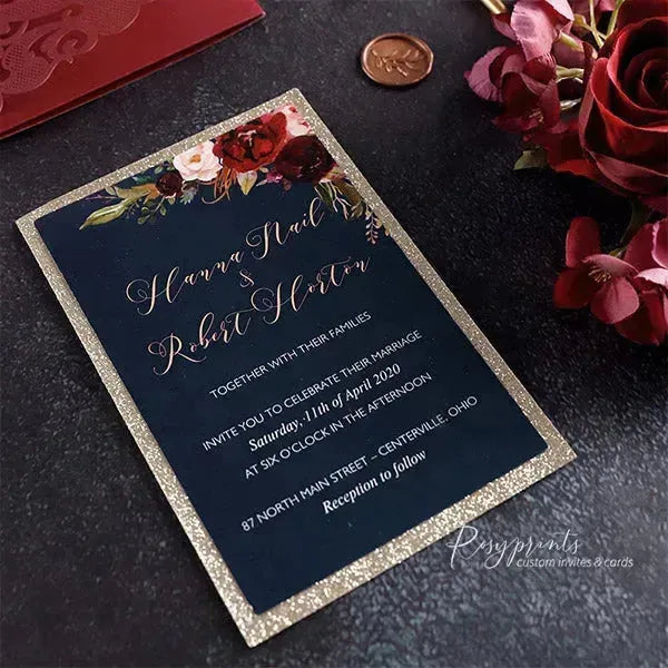 navy blue and burgundy pocket wedding invitations