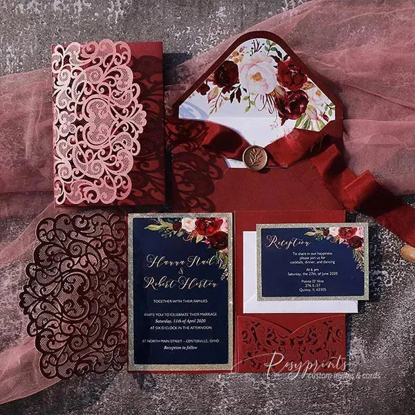 navy blue and burgundy pocket wedding invitations ROSYP01 - Rosy Prints