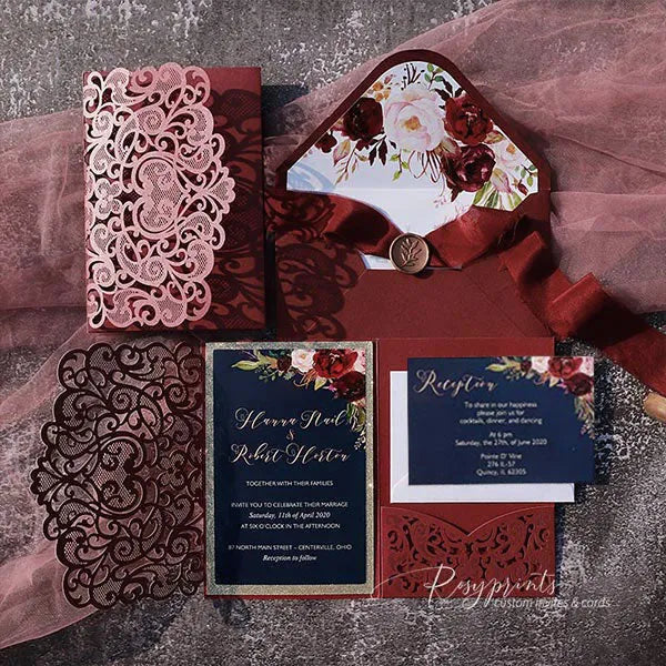 navy blue and burgundy pocket wedding invitations ROSYP01 - Rosy Prints