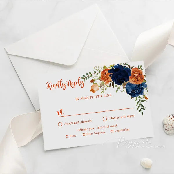 burnt orange and navy blue acrylic wedding invitations ROSYA76 - Rosy Prints