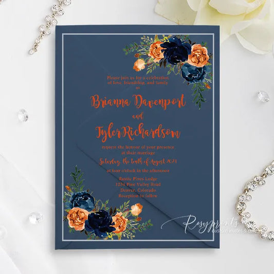 burnt orange and navy blue acrylic wedding invitations ROSYA76 - Rosy Prints