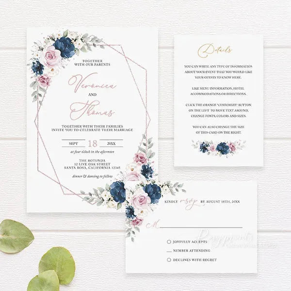 navy blue and dusty rose rustic wedding invitations RPF23 - Rosy Prints