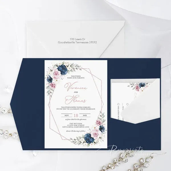 navy blue and dusty rose rustic wedding invitations RPF23 - Rosy Prints