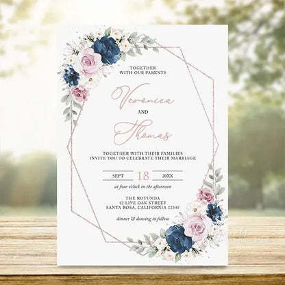 navy blue and dusty rose rustic wedding invitations RPF23 - Rosy Prints