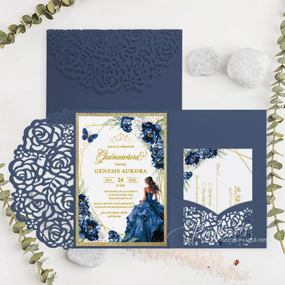 navy blue and gold quinceanera invitations ROSYP28