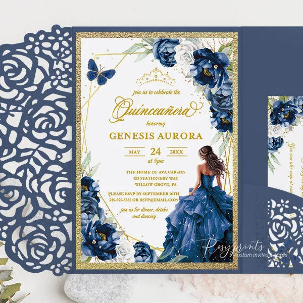 navy blue and gold quinceanera invitations ROSYP28