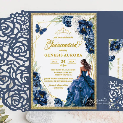 navy blue and gold quinceanera invitations ROSYP28 - Rosy Prints