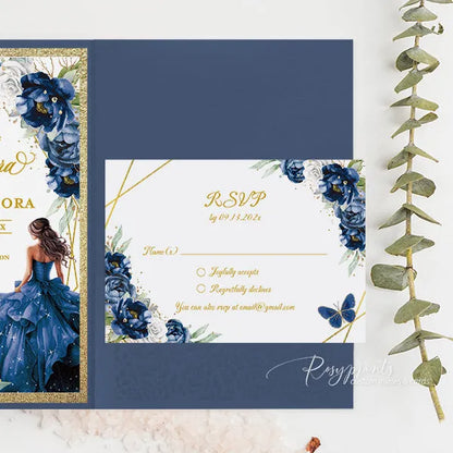 navy blue and gold quinceanera invitations ROSYP28 - Rosy Prints