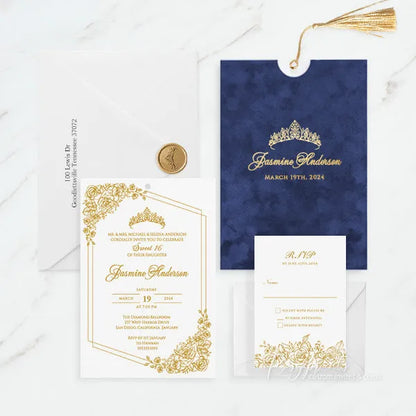 gold foil velvet navy blue quinceanera invitations ROSYP48