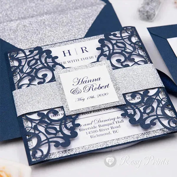 elegant navy blue wedding invitations with silver liners ROSYG03 - Rosy Prints