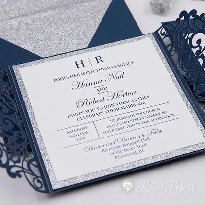 elegant navy blue wedding invitations with silver liners ROSYG03 - Rosy Prints