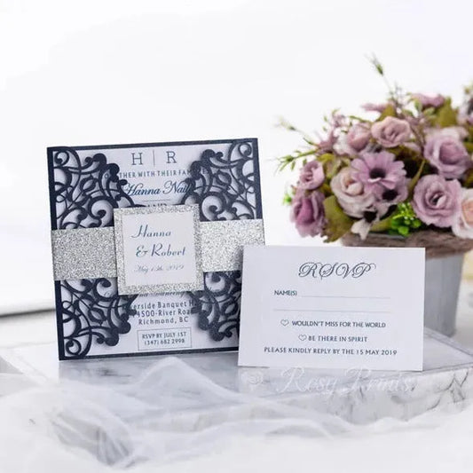 elegant navy blue wedding invitations with silver liners ROSYG03 - Rosy Prints