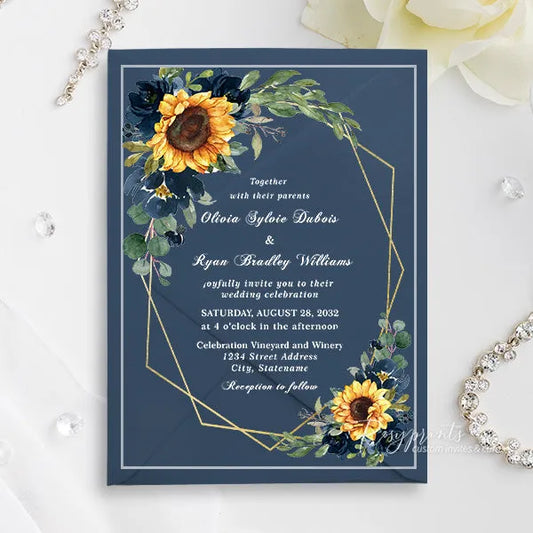 navy blue and sunflower acrylic wedding invitations ROSYA75 - Rosy Prints