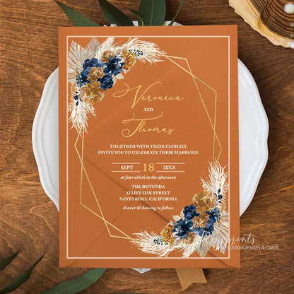 boho terracotta and navy blue acrylic wedding invitations ROSYA77