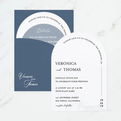 navy blue half arch pockets wedding invitations ROSYP38 - Rosy Prints