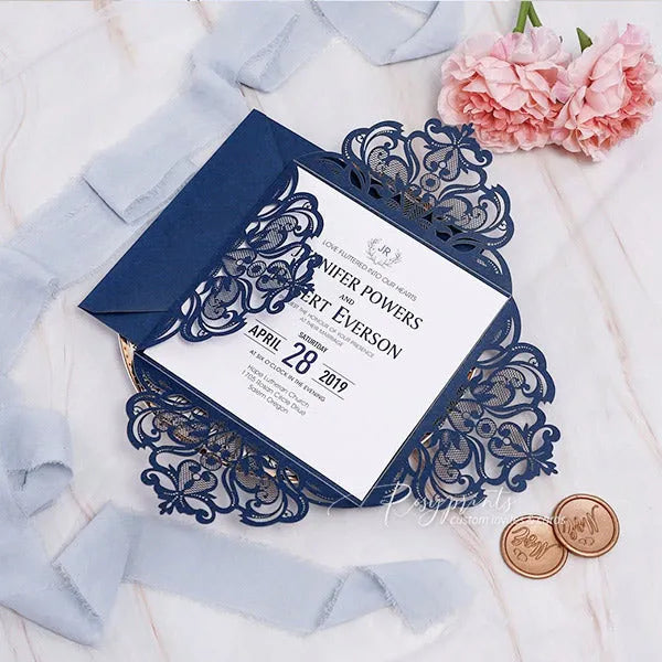 classic navy blue cheap wedding invitations ROSYP05