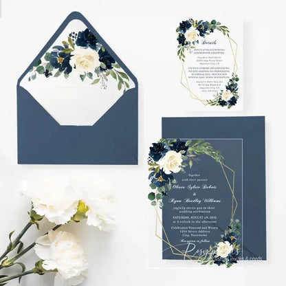 navy blue floral acrylic wedding invitations ROSYA19