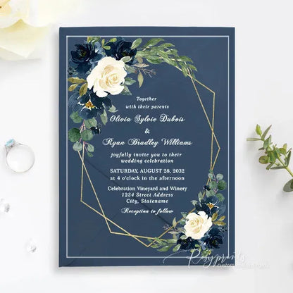 navy blue floral acrylic wedding invitations ROSYA19