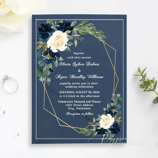 navy blue floral acrylic wedding invitations ROSYA19 - Rosy Prints