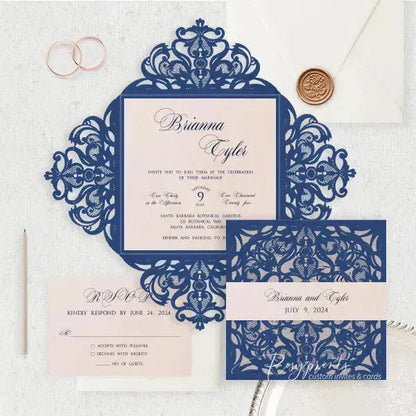 navy blue and blush pocket wedding invitations ROSYP11