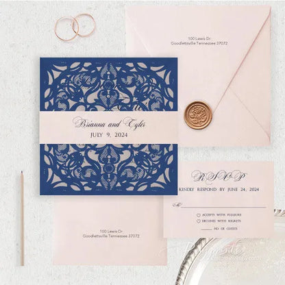 navy blue and blush pocket wedding invitations ROSYP11