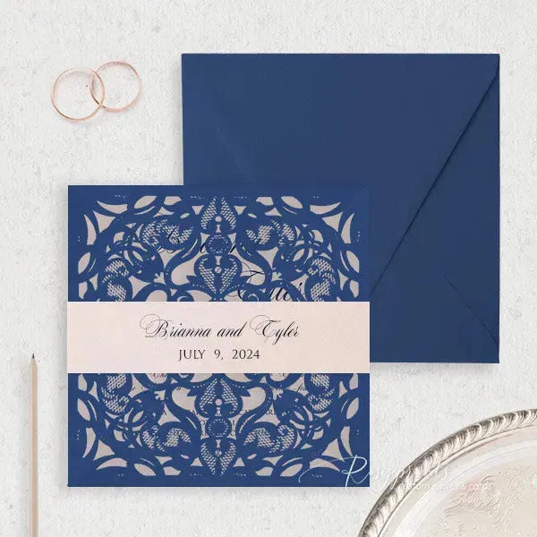 navy blue and blush pocket wedding invitations ROSYP11