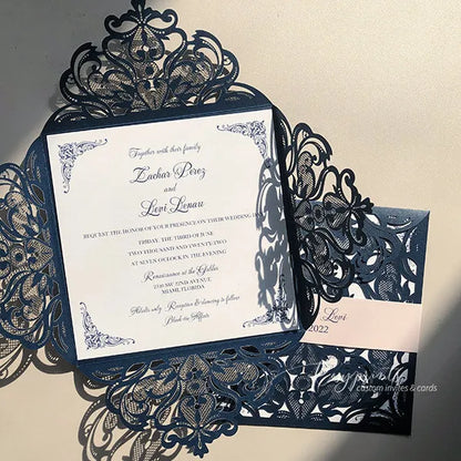 navy blue and blush pocket wedding invitations ROSYP11