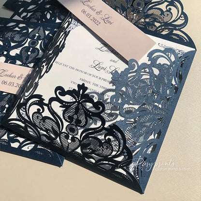 navy blue and blush pocket wedding invitations ROSYP11