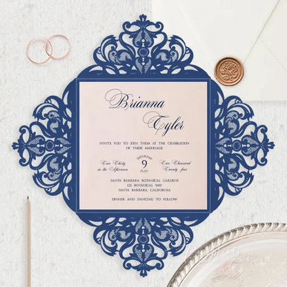 navy blue and blush pocket wedding invitations ROSYP11