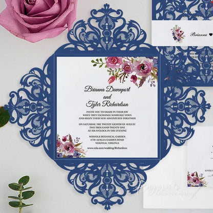 elegant navy blue and purple floral wedding invitations ROSYP24