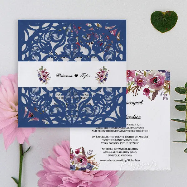 elegant navy blue and purple floral wedding invitations ROSYP24