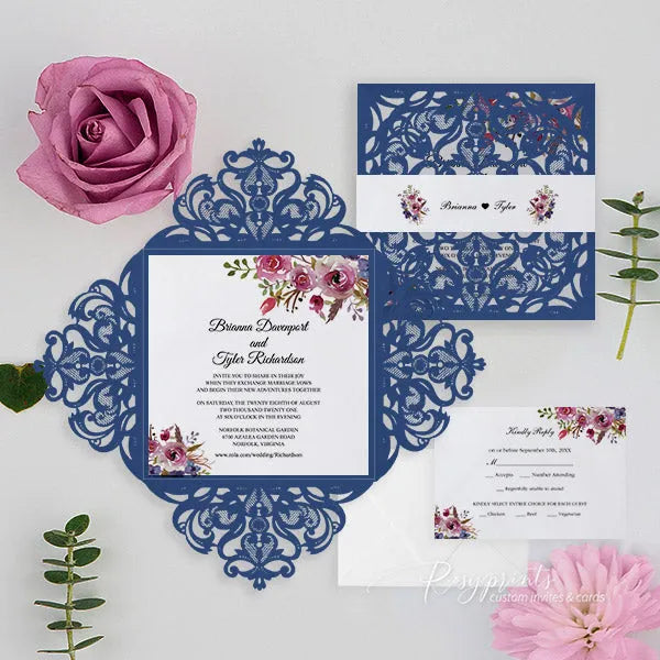 elegant navy blue and purple floral wedding invitations ROSYP24